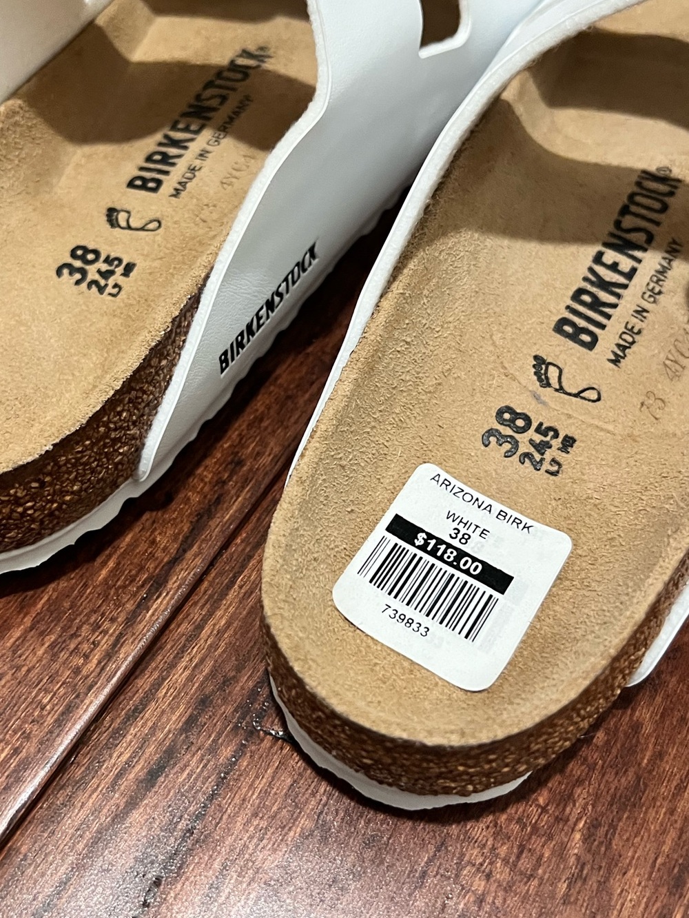 Birkenstock White Arizona Two-Strap Sandals 38 7.5/8 New - Picture 8 of 11